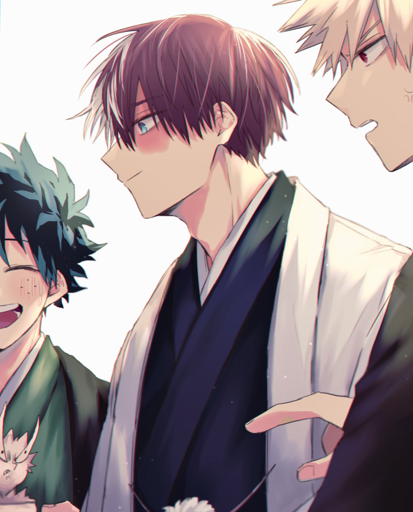 3boys absurdres adam's_apple alternate_hair_color anger_vein annoyed bakugou_katsuki black_eyes blonde_hair blue_eyes blue_hair blue_kimono blurry blush boku_no_hero_academia burn_scar closed_eyes closed_mouth creature depth_of_field eyes_visible_through_hair facing_another freckles from_side green_kimono hand_up haori highres japanese_clothes kimono looking_at_another male_focus midoriya_izuku multicolored_hair multiple_boys open_mouth pointing profile red_eyes red_hair rio_18 sanpaku scar scar_on_face scowl short_hair sidelighting sideways_mouth simple_background smile spiked_hair teeth todoroki_shouto turning_head two-tone_hair upper_body upper_teeth_only white_background white_hair