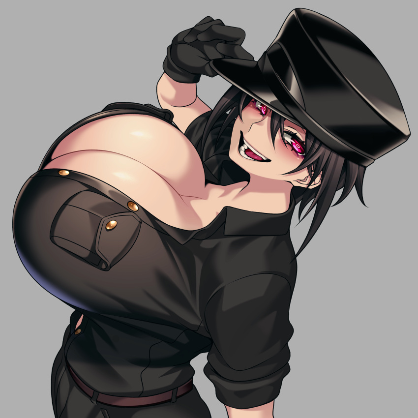 1girl absurdres black_hair black_shorts breast_pocket breasts breasts_day buttons cleavage commentary commentary_request from_side gloves good_breasts_day hand_on_headwear hand_up hat hat_over_one_eye hat_tip highres huge_breasts hz_(666v) impossible_clothes impossible_shirt looking_at_viewer midriff original partially_unbuttoned pink_eyes pocket shirt short_hair short_sleeves shorts simple_background smile solo stomach thighs upper_body white_background zepia_(camui_kamui)