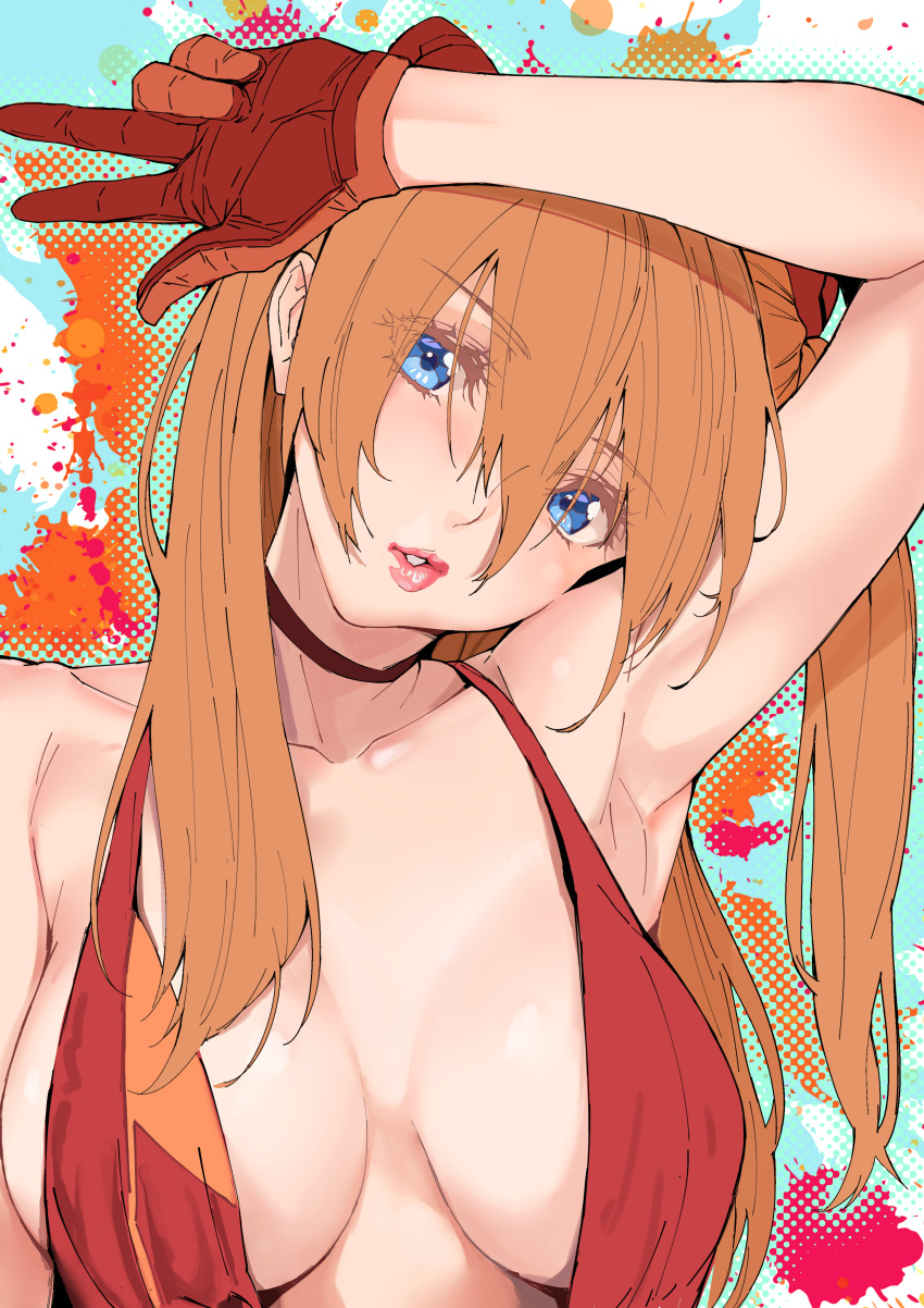 1girl absurdres armpits bare_shoulders blue_eyes blush breasts breasts_apart brown_hair choker cocktail_dress collarbone dress hair_between_eyes hair_ornament highres long_hair looking_at_viewer medium_breasts neon_genesis_evangelion no_bra orange_hair parted_lips plunging_neckline red_choker red_dress red_lips solo souryuu_asuka_langley v yamaishi_(mukoubuti)