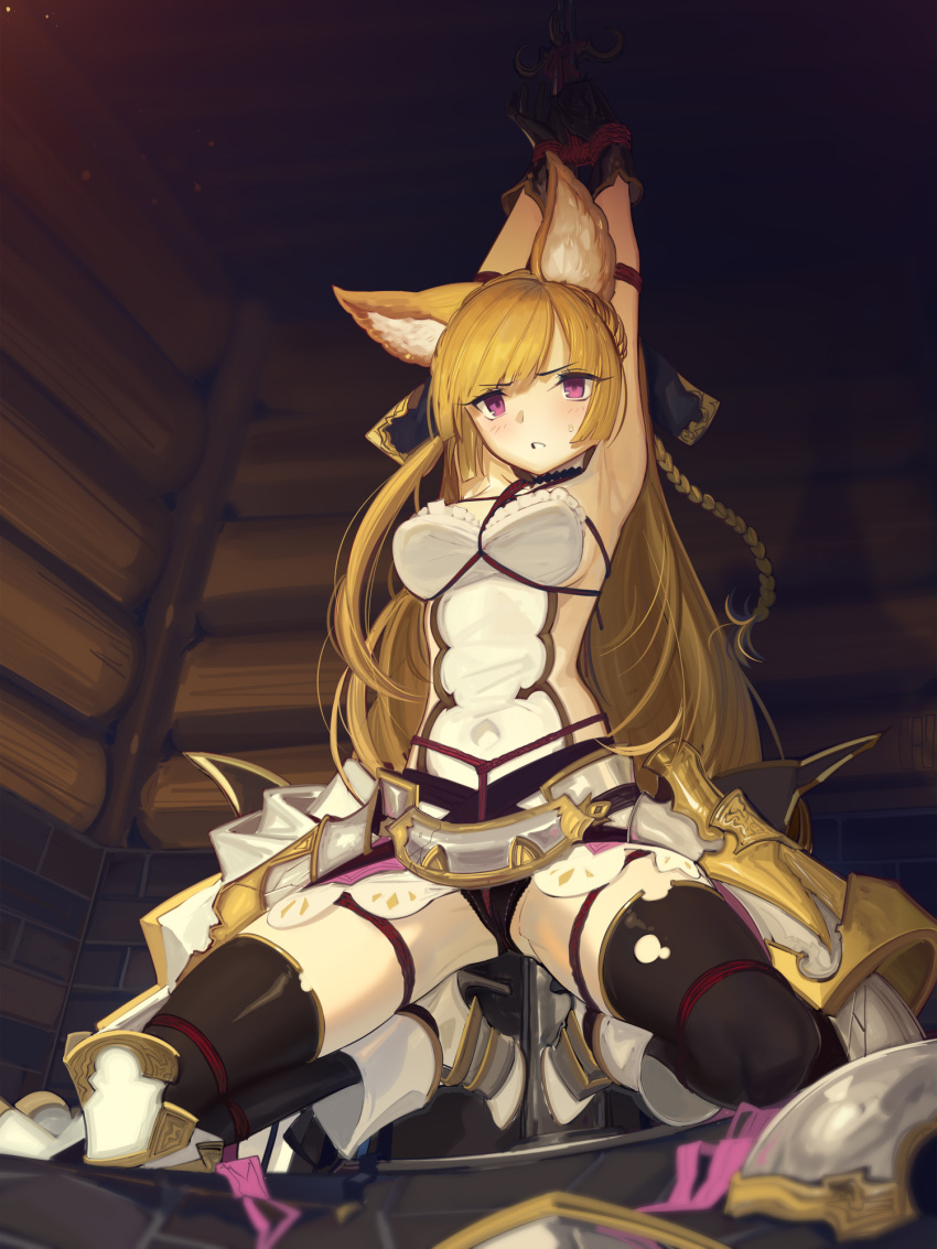 animal_ears armor armpits arms_behind_head arms_up backless_outfit bare_shoulders bdsm black_gloves black_panties black_thighhighs blonde_hair bondage boots bound braid cad_(caddo) choker erune faulds fox_ears french_braid gloves granblue_fantasy high_heel_boots high_heels highres long_hair panties parted_lips purple_eyes restrained rope shibari shirt squatting thighhighs underwear white_shirt yuisis_(granblue_fantasy)