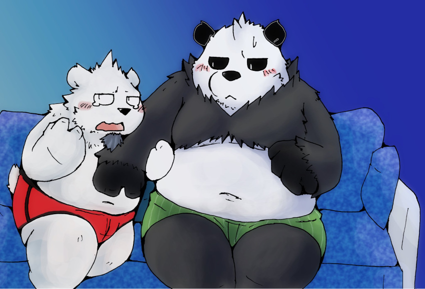 2023 anthro beartic belly big_belly black_body blush bodily_fluids duo generation_5_pokemon generation_6_pokemon hi_res kemono male navel nintendo pangoro pokemon pokemon_(species) scared sitting snow_utamaru tears white_body