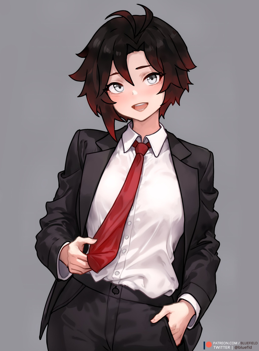 1girl absurdres ahoge bluefield commentary cowboy_shot english_commentary grey_background grey_eyes hair_between_eyes hand_in_pocket highres long_sleeves looking_at_viewer necktie open_mouth patreon_logo patreon_username ruby_rose rwby short_hair simple_background solo suit teeth tongue twitter_username