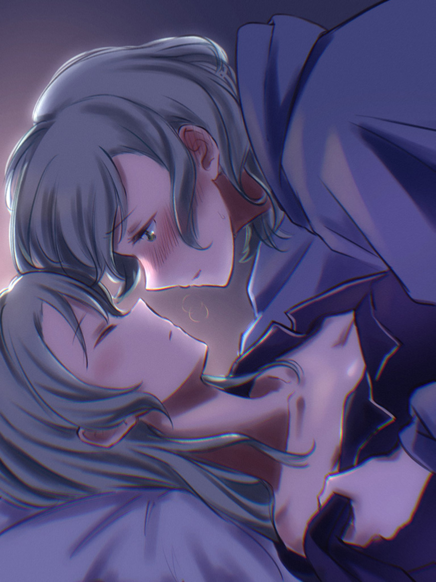 aqua_hair bang_dream! bare_shoulders bed_sheet blue_hoodie blue_shirt blush closed_eyes from_side grabbing_shirt_collar green_eyes highres hikawa_hina hikawa_sayo hood hoodie imminent_kiss incest long_hair looking_at_another medium_hair open_mouth protected_link shirt siblings sisters twincest twins xin_(blueramen) yuri