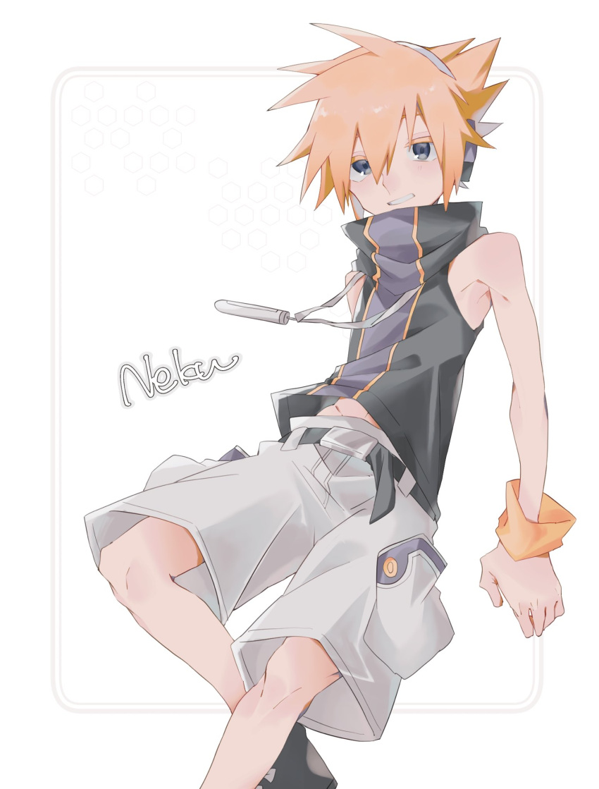 1boy belt black_belt black_footwear black_shirt character_name colored_eyelashes grey_eyes grin headphones high_collar highres jewelry light_smile male_focus midriff_peek necklace orange_hair orange_wristband pants pocket sakuraba_neku same_no_nituke3 shirt shoes short_hair shorts simple_background sleeveless sleeveless_shirt smile solo spiked_hair subarashiki_kono_sekai white_background white_headphones white_headwear white_pants white_shorts wristband