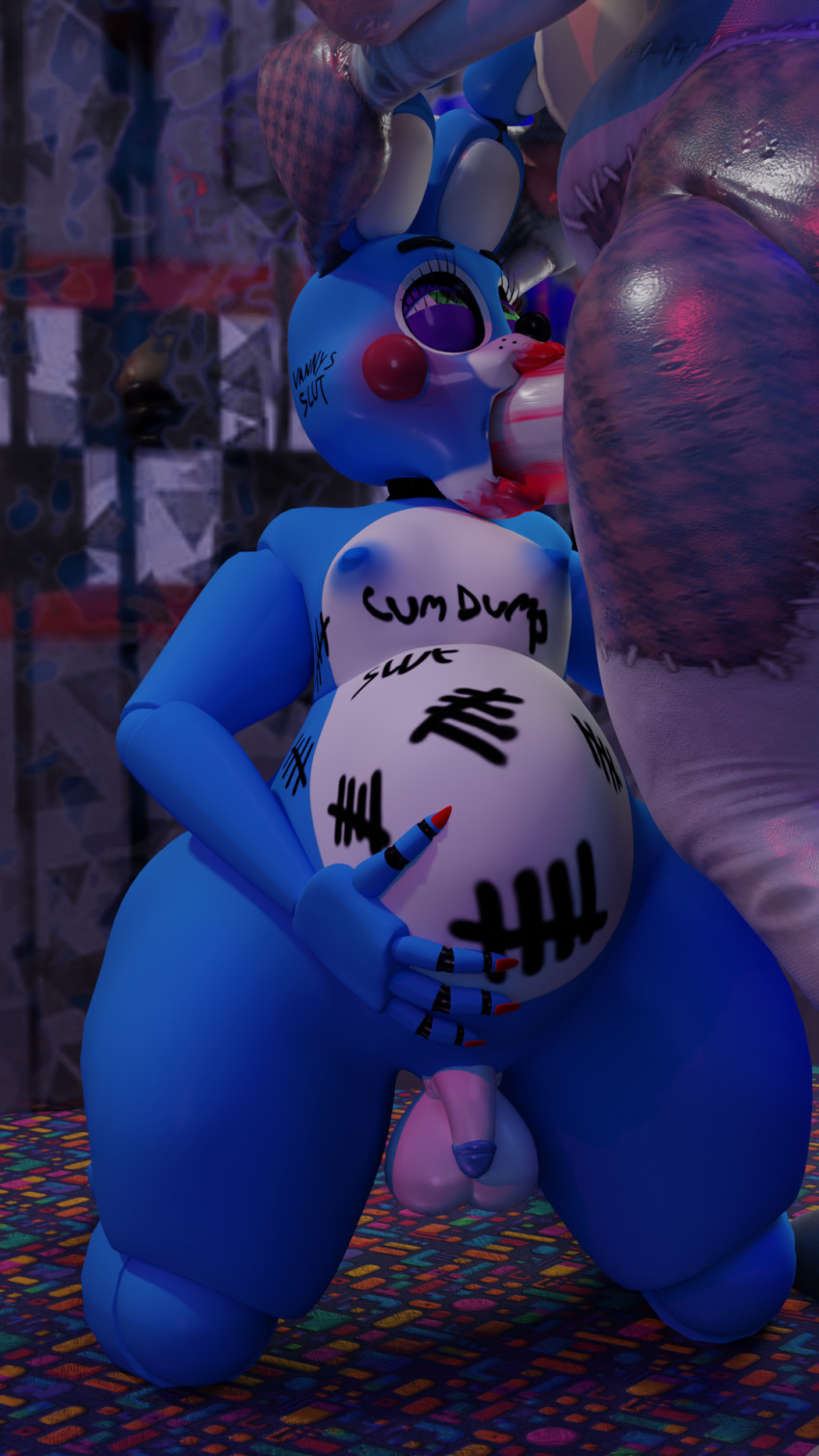 2023 3d_(artwork) animatronic anonymousfm balls belly big_belly blender_(software) blue_body bodily_fluids body_writing butt clothing cum cum_inflation digital_media_(artwork) duo erection five_nights_at_freddy's five_nights_at_freddy's:_security_breach five_nights_at_freddy's_2 flaccid genital_fluids genitals girly green_eyes gynomorph gynomorph/male hi_res holding_both_ears humanoid_genitalia humanoid_penis inflation intersex intersex/male kneeling lagomorph leporid machine makeup male mammal nipples nude open_mouth oral oral_penetration penetration penile penis rabbit robot scott_cawthon scottgames small_balls small_penis smudged_makeup steel_wool_studios tally_marks thick_thighs toy_bonnie_(fnaf) vanny_(fnaf) wide_hips