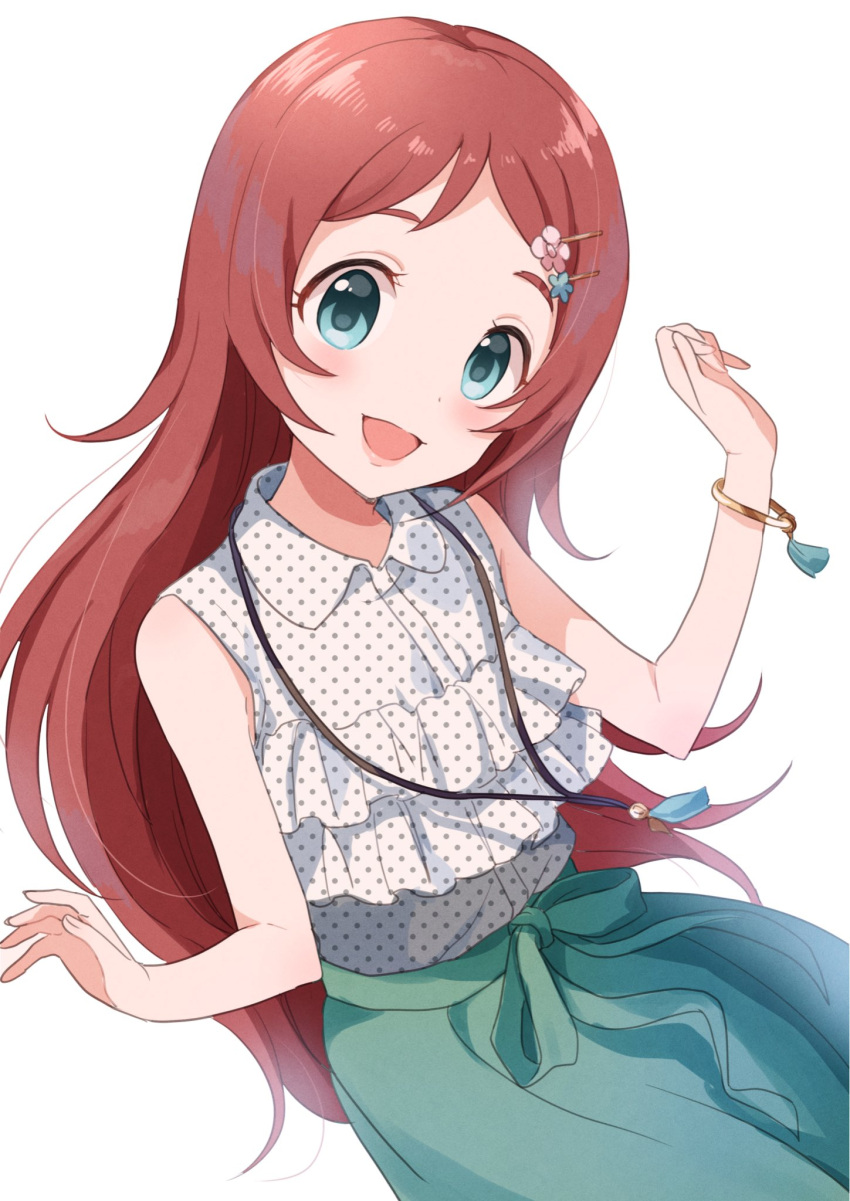 1girl aqua_eyes bare_shoulders blush bow bracelet breasts brown_hair buchi_(y0u0ri_) commentary_request cowboy_shot dot_nose dutch_angle frilled_shirt frills green_bow green_eyes green_skirt hair_ornament hairclip hands_up highres idolmaster idolmaster_cinderella_girls idolmaster_cinderella_girls_starlight_stage imura_setsuna jewelry large_breasts long_hair looking_at_viewer necklace open_mouth polka_dot polka_dot_shirt shirt simple_background skirt sleeveless sleeveless_shirt smile solo standing waist_bow white_background white_shirt