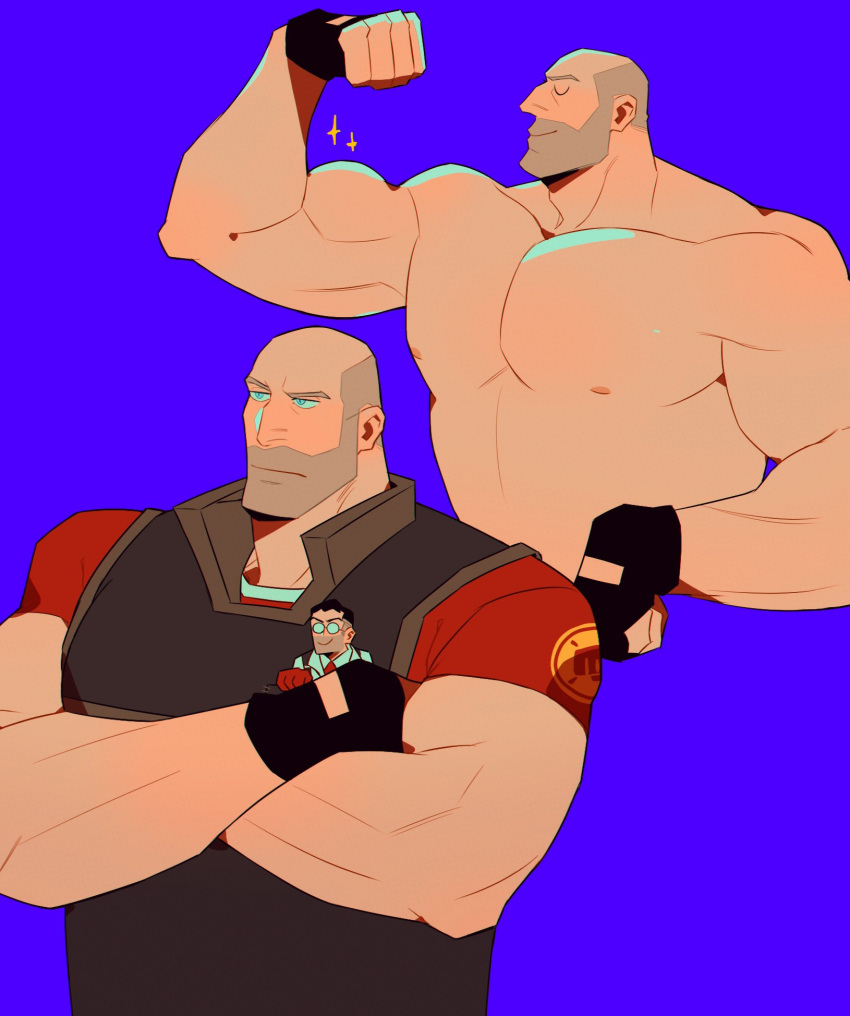 2boys bara beard_stubble biceps binuba buzz_cut character_request check_character clenched_hand closed_eyes cropped_torso crossed_arms facing_to_the_side flexing heavy_(tf2) highres huge_pectorals male_focus mature_male medic_(tf2) mini_person miniboy multiple_boys multiple_views muscular muscular_male mustache_stubble nipples nude profile short_hair sparkle strongman_waist team_fortress_2 thick_eyebrows u_u very_short_hair
