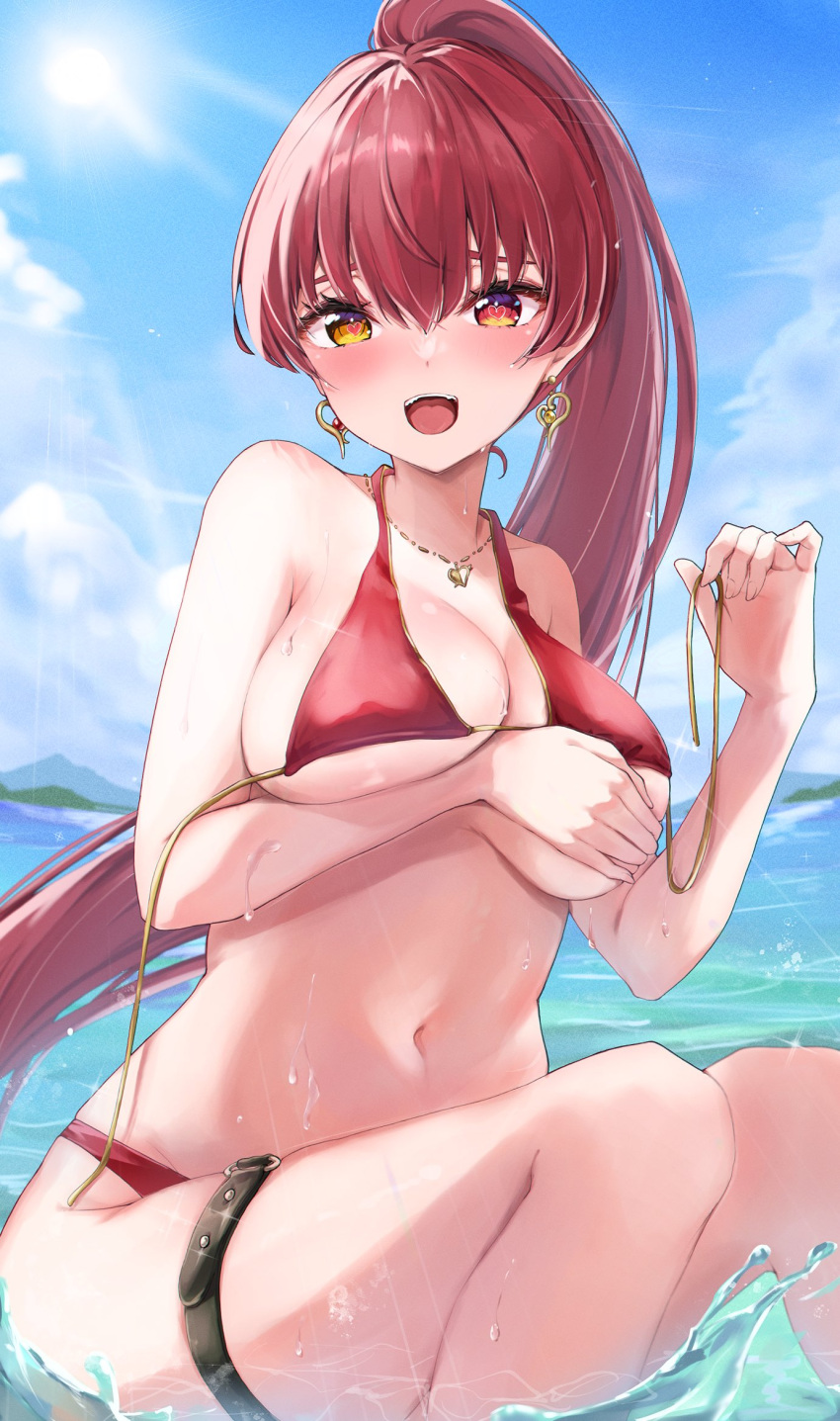 1girl :d arm_under_breasts armpit_crease bikini blue_sky breasts cleavage cloud covering covering_breasts day earrings gold_earrings gold_necklace heart heart-shaped_pupils heart_earrings heart_necklace heterochromia high_ponytail highres hololive houshou_marine houshou_marine_(4th_costume) jewelry long_hair navel necklace ocean open_mouth outdoors red_bikini red_eyes red_hair sitting sky smile solo stomach sunlight swimsuit symbol-shaped_pupils teeth thigh_strap thighs untied_bikini upper_teeth_only very_long_hair virtual_youtuber wardrobe_malfunction water wet yellow_eyes yoshinon_(yoshinon_kotori)