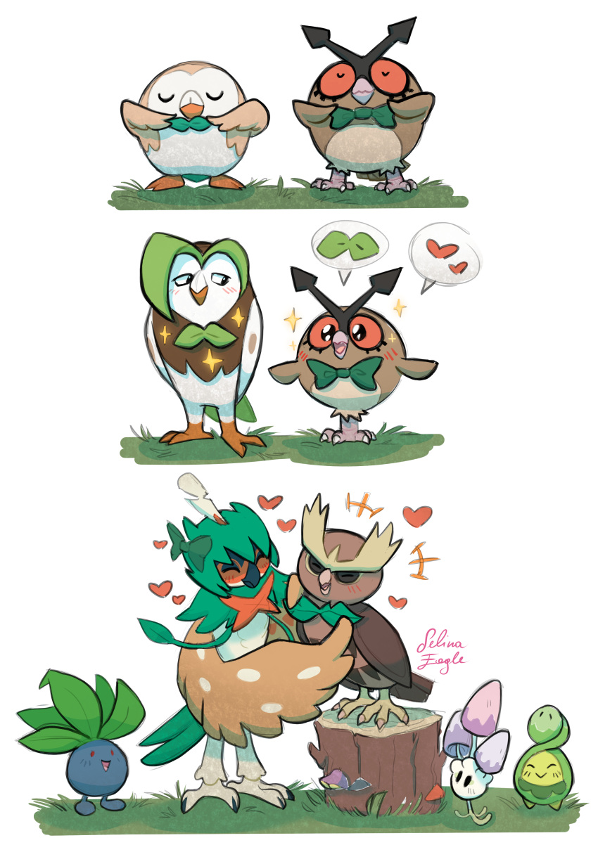 &lt;3 2021 absurd_res ambiguous_gender anthro beak biped blush brown_body brown_feathers budew claws dartrix decidueye duo_focus feathers feral generation_1_pokemon generation_2_pokemon generation_4_pokemon generation_7_pokemon grass group hi_res hoothoot leaf morelull nintendo noctowl oddish plant pokemon pokemon_(species) pseudo_clothing red_sclera rowlet selinaeagle signature simple_background standing toe_claws tree_stump white_background white_body white_feathers wings