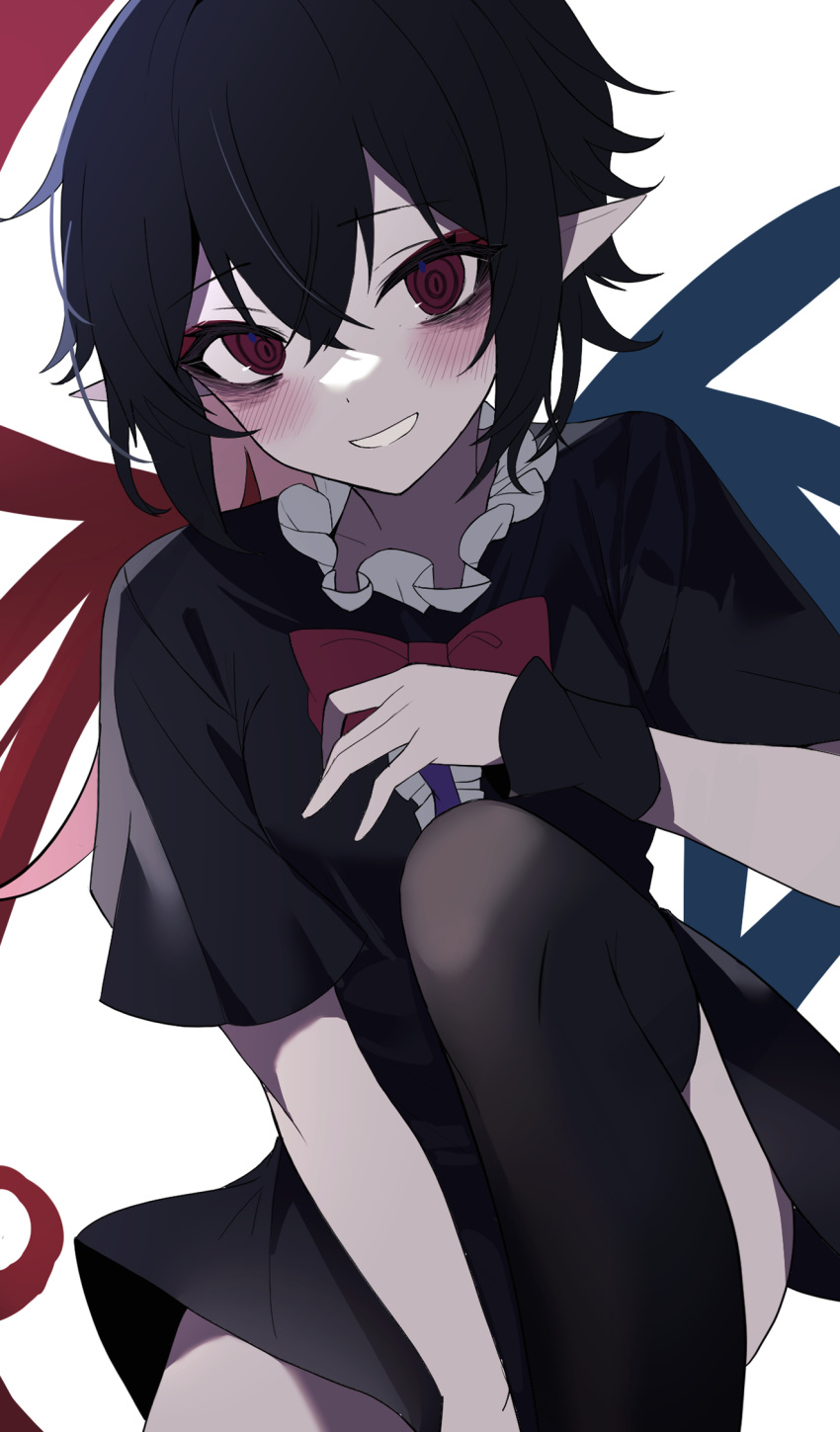 1girl asymmetrical_wings black_dress black_hair black_thighhighs blue_wings blush bow bowtie breasts center_frills commentary crossed_bangs dress feet_out_of_frame frilled_dress frills grin hair_between_eyes highres houjuu_nue long_bangs looking_at_viewer one-hour_drawing_challenge pointy_ears red_bow red_bowtie red_eyes red_wings ringed_eyes short_dress short_hair short_sleeves simple_background small_breasts smile solo thighhighs touhou usuuuv white_background wings wristband