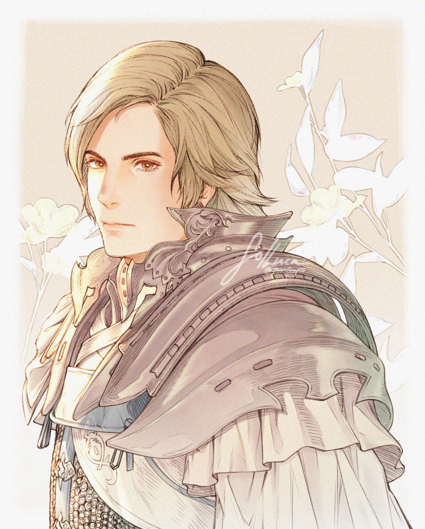 1boy absurdres armor artist_name blonde_hair brown_eyes chainmail closed_mouth dion_lesage final_fantasy final_fantasy_xvi floral_background frilled_sleeves frills highres jeangreycg looking_at_viewer male_focus medium_hair portrait shirt shoulder_armor solo swept_bangs twitter_username white_shirt