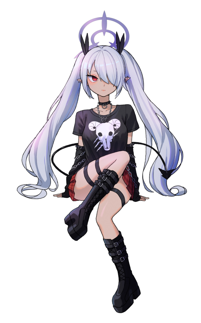 1girl absurdres arm_support black_footwear black_shirt blue_archive boots chain_necklace chuo8008 collarbone commentary_request dark-skinned_female dark_skin demon_girl demon_tail earrings grey_hair hair_over_one_eye hair_ribbon halo highres iori_(blue_archive) jewelry knee_boots long_bangs long_hair looking_at_viewer necklace plaid plaid_skirt pleated_skirt pointy_ears print_shirt red_eyes red_skirt ribbon ring_necklace shirt short_sleeves sidelocks simple_background sitting skirt solo t-shirt tail thighlet twintails white_background
