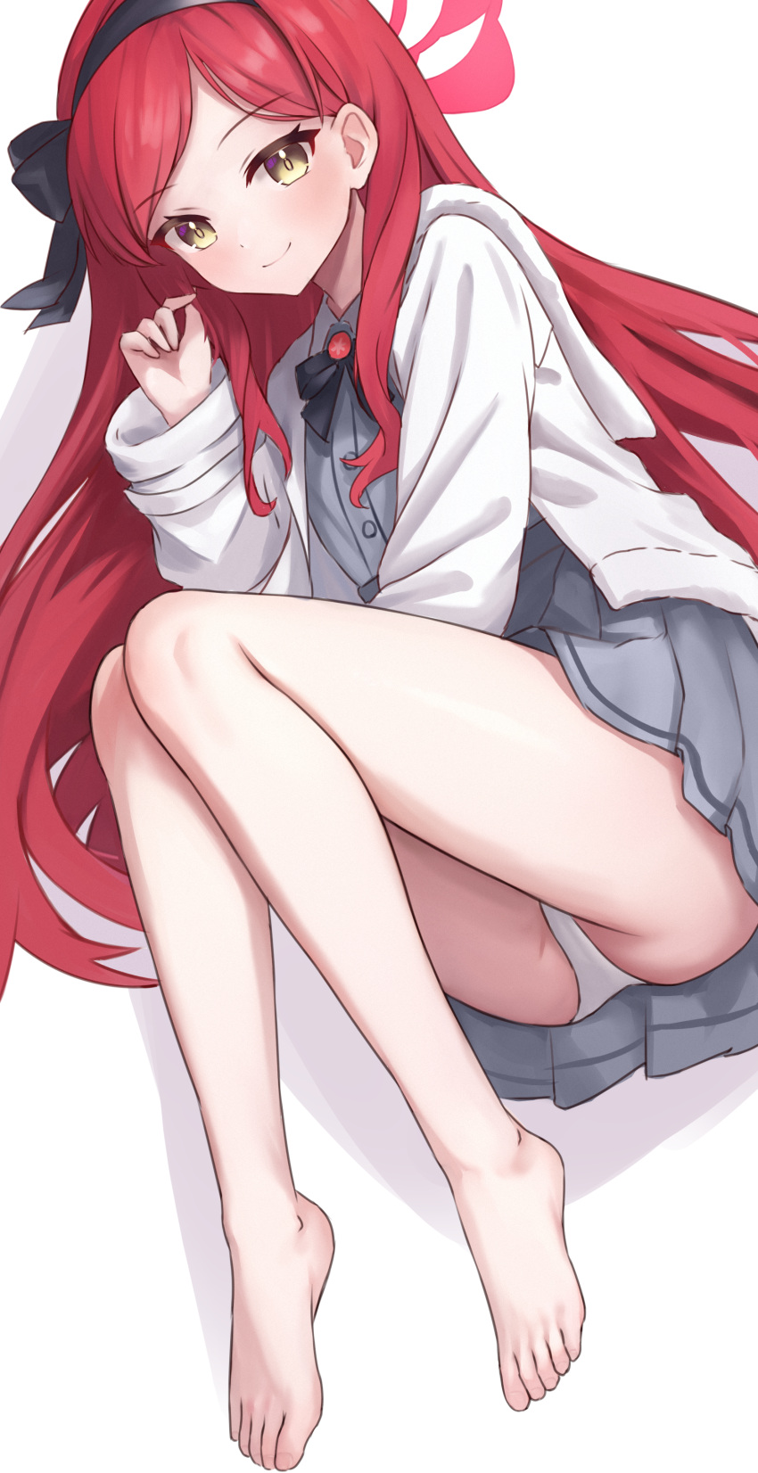 1girl absurdres ass bare_legs barefoot black_hairband blue_archive blush dress fanteam feet full_body grey_dress hairband halo highres jacket legs_folded long_hair looking_at_viewer panties pantyshot parted_bangs red_hair simple_background smile solo swept_bangs takane_(blue_archive) toes underwear very_long_hair white_background white_jacket white_panties