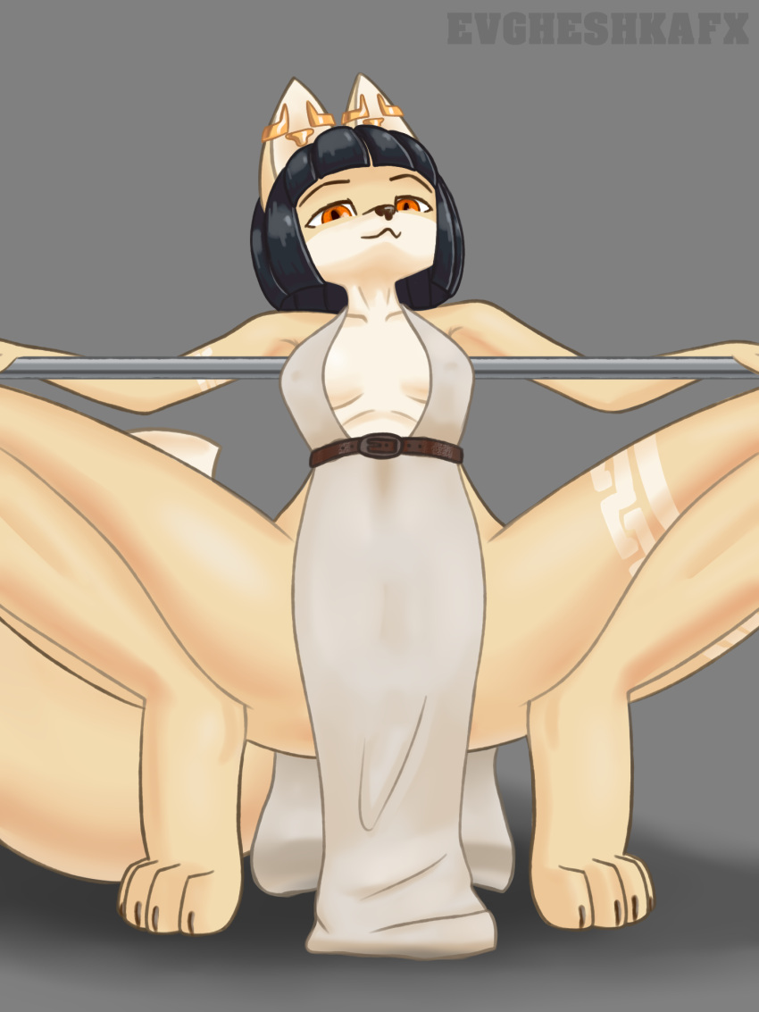 anthro black_hair canid canine clothed clothing crouching dress ear_piercing egyptian egyptian_clothing evgheshkafx female fennec fox front_view gold_(metal) gold_jewelry hair hi_res jewelry looking_at_viewer low-angle_view mammal markings mira_(evgheshkafx) orange_eyes piercing simple_background solo spread_legs spreading thick_thighs