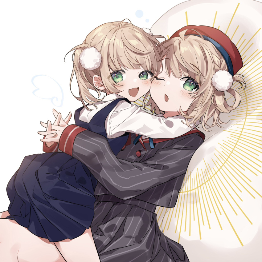 2girls beret blue_dress blush cheek-to-cheek commentary_request dress dual_persona green_eyes grey_skirt hair_ornament hair_rings hat heads_together highres hug indie_virtual_youtuber jacket light_brown_hair looking_at_viewer lying lying_on_person multiple_girls on_back one_eye_closed open_mouth pinstripe_jacket pinstripe_pattern pom_pom_(clothes) pom_pom_hair_ornament red_sailor_collar sailor_collar sake_(utopia_modoki) shigure_ui_(1st_costume)_(vtuber) shigure_ui_(vtuber) shigure_ui_(young)_(vtuber) shirt short_hair skirt smile striped striped_jacket striped_skirt time_paradox vertical-striped_jacket vertical-striped_skirt vertical_stripes virtual_youtuber white_shirt