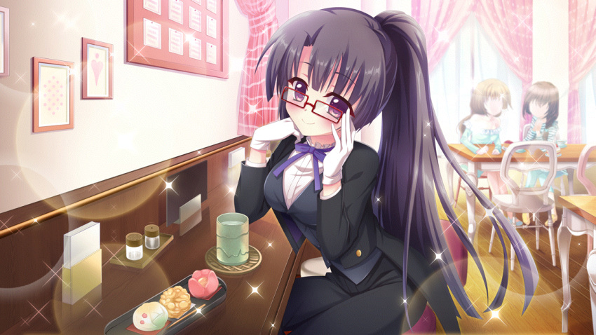 3girls adjusting_eyewear aqua_dress arms_on_table bare_shoulders black_hair black_pants black_suit blue_stripes breasts brown_hair chair collarbone counter cup dot_nose dress film_grain food food_request formal frilled_dress frills game_cg glasses hand_on_own_chin high_ponytail ichikishima_mizuha indoors izumi_tsubasu large_breasts lens_flare light_brown_hair looking_at_viewer multiple_girls neck_ribbon non-web_source off-shoulder_dress off_shoulder official_art own_hands_clasped own_hands_together pants pepper_shaker picture_frame pink_curtains purple_eyes purple_ribbon re:stage! rectangular_eyewear red-framed_eyewear ribbon salt_shaker shirt smile solo_focus sparkle striped striped_shirt suit table water white_stripes wooden_chair wooden_floor wooden_table yellow_footwear