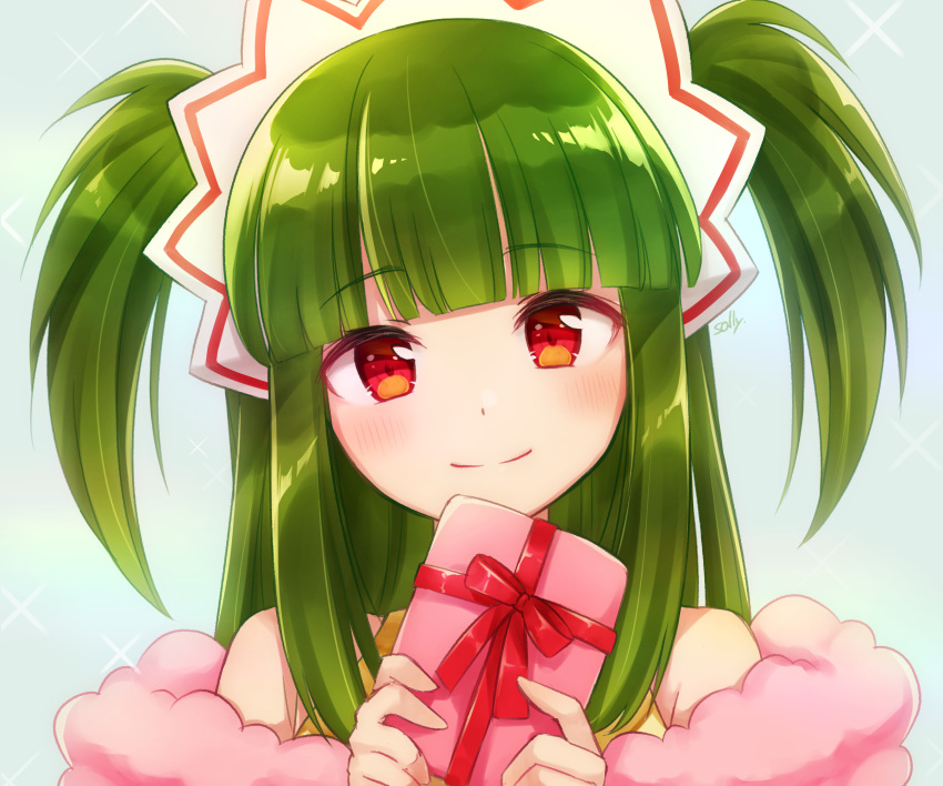 1girl artist_name bare_shoulders beatmania beatmania_iidx bemani blunt_bangs blush box brown_eyes christmas christmas_present crop_top down_jacket eyebrows_hidden_by_hair gift gift_box green_hair headdress highres hishimiya_tsugaru holding holding_gift jacket looking_at_viewer medium_hair open_clothes open_jacket pink_jacket sally_(pacch0614) shirt smile solo twintails two_side_up yellow_shirt