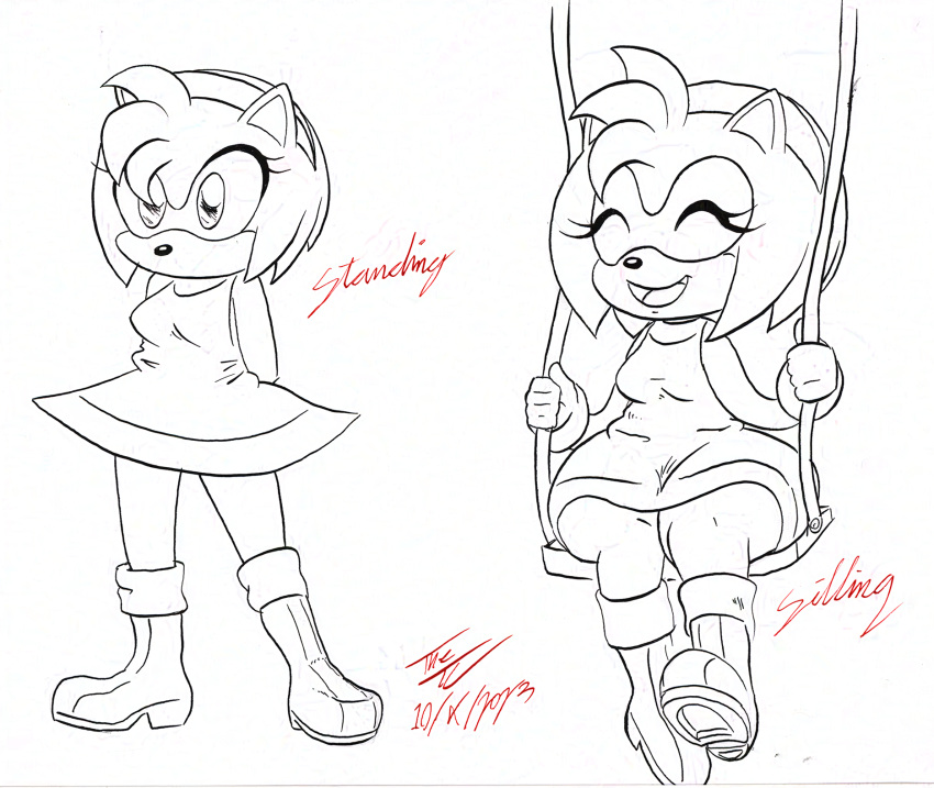 accessory amy_rose anthro boots bracelet clothing dress eulipotyphlan eyes_closed female footwear hair_accessory hairband hands_behind_back hedgehog hi_res jewelry line_art mammal sega sketch smile solo sonic_the_hedgehog_(series) swing thedjtc thick_thighs wide_hips