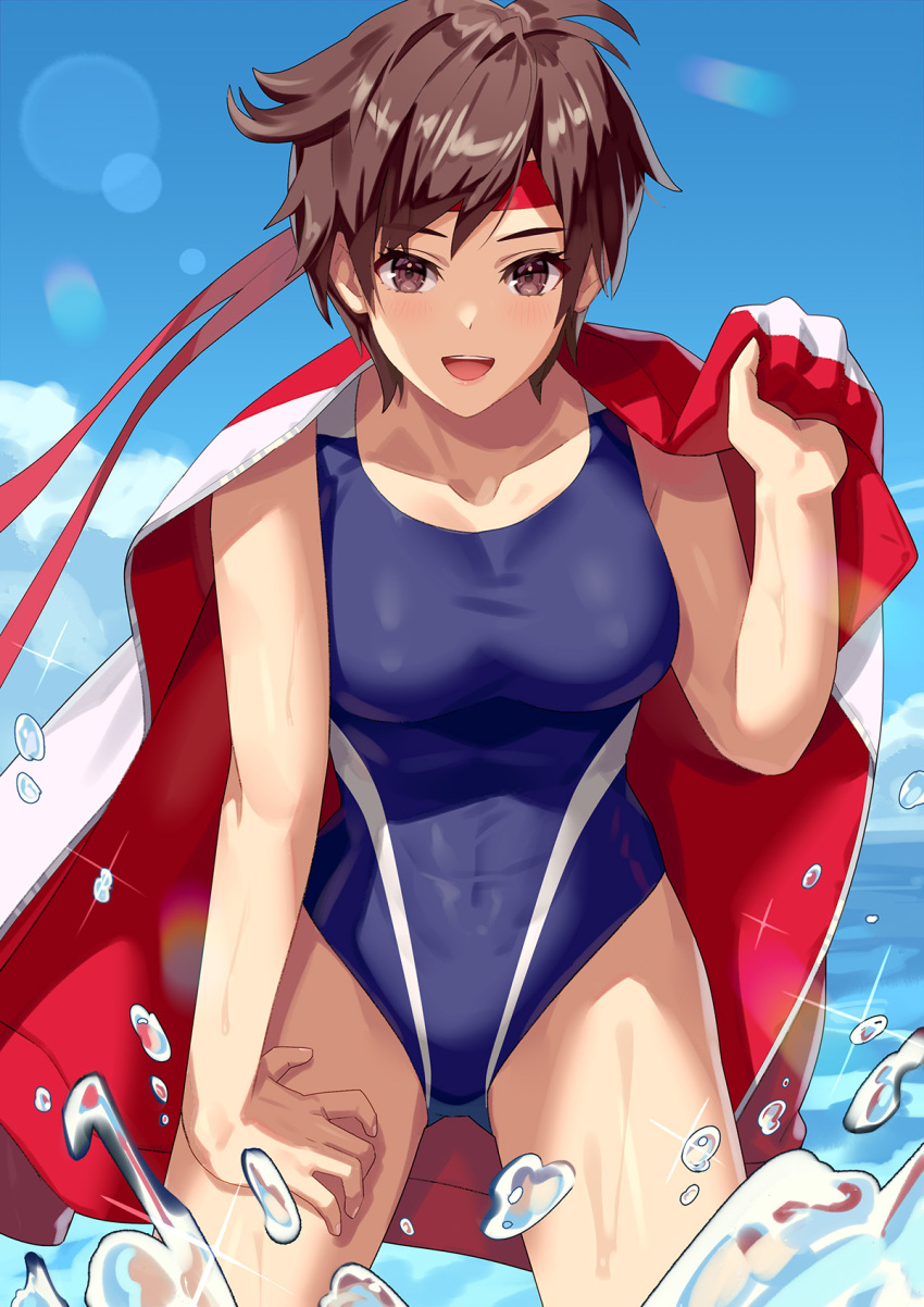 1girl blue_one-piece_swimsuit breasts brown_eyes brown_hair cloud cloudy_sky competition_swimsuit headband highres jacket kasugano_sakura looking_at_viewer ocean one-piece_swimsuit red_headband red_jacket short_hair sky solo splashing street_fighter swimsuit track_jacket yagi2013