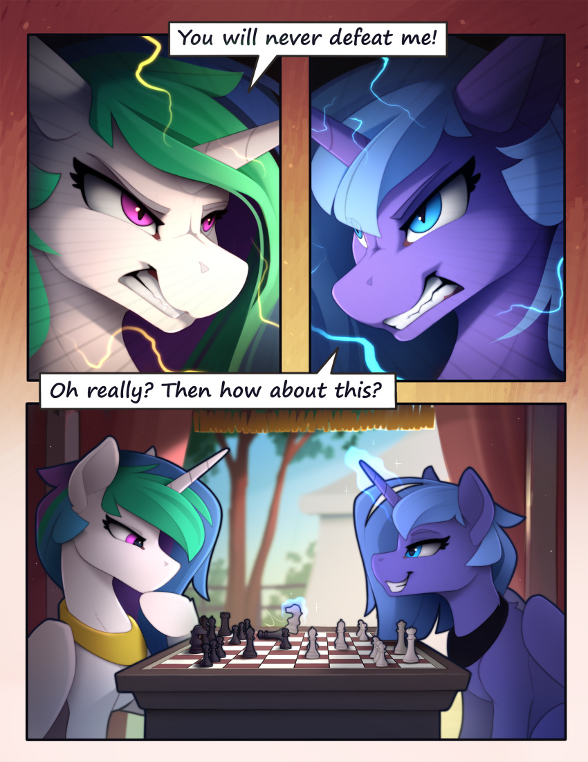 absurd_res blue_eyes chess clenched_teeth comic equid equine friendship_is_magic hasbro hi_res horn mammal my_little_pony princess_celestia_(mlp) princess_luna_(mlp) pupils purple_eyes slit_pupils smile teeth winged_unicorn wings yakovlev-vad