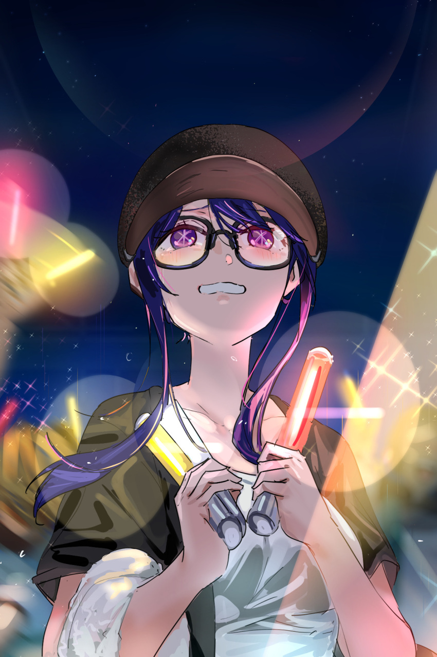 1girl bespectacled black_headwear black_shirt blouse blush breasts clenched_teeth collarbone commentary_request funi_mu9 glasses glowstick highres holding_glowstick hoshino_ai_(oshi_no_ko) medium_breasts night night_sky open_mouth oshi_no_ko people purple_eyes shirt short_hair_with_long_locks sidelocks sky solo_focus sparkle star-shaped_pupils star_(sky) star_(symbol) symbol-shaped_pupils teeth upper_body white_shirt