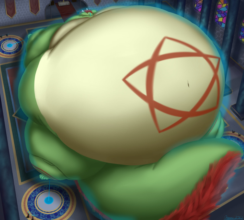 2023 anthro belly big_belly big_tail blue_eyes body_inflation bound church detailed detailed_background digital_media_(artwork) dragon expansion floating green_body green_tail hair horn huge_tail hyper hyper_belly hyper_inflation hyper_tail immobile inflation inflation_fetish magic magic_inflation male mouth_closed navel oregene oregene_(character) pentagram puffed_cheeks red_hair ritual scalie shaded solo swelling tail tail_expansion thigh_expansion western_dragon