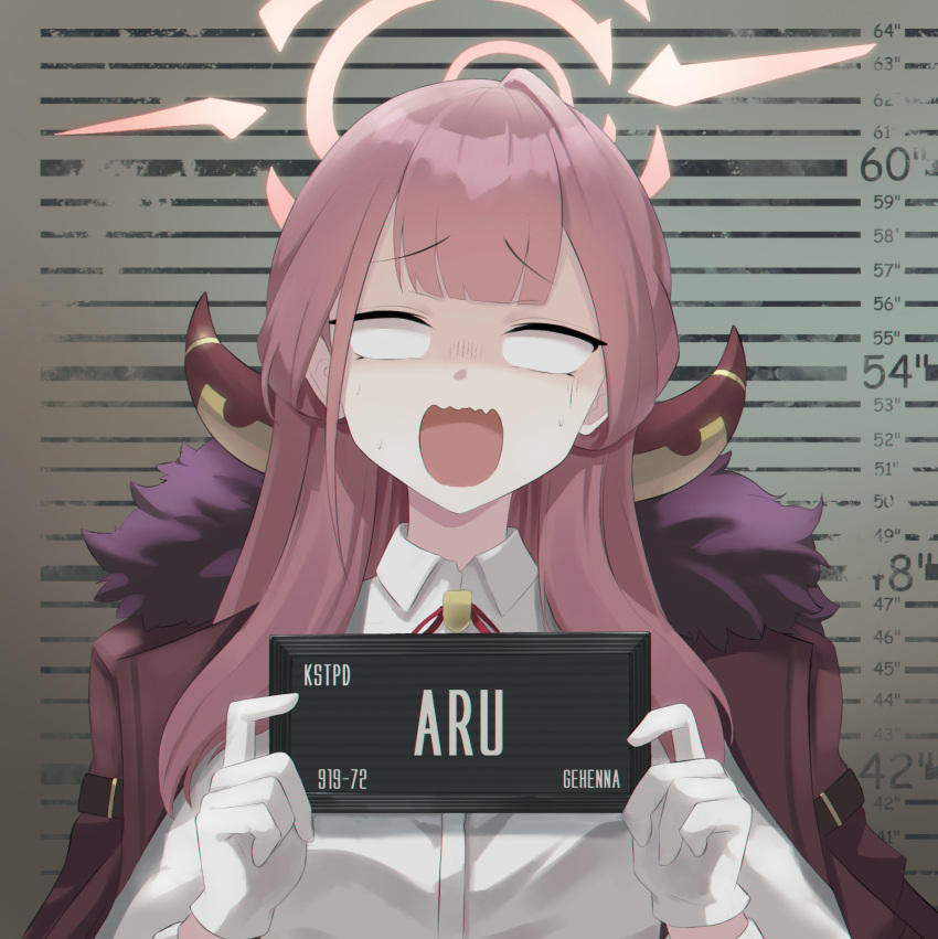 aru_(blue_archive) barbie_mugshot_(meme) blue_archive brown_coat card character_name coat coat_on_shoulders demon_horns fur-trimmed_coat fur-trimmed_jacket fur_trim halo height_chart height_mark highres holding holding_card holding_sign horns jacket meme mugshot neck_ribbon pink_hair red_coat ribbon shirt sign surprised white_shirt wide-eyed ziz_(pandora707)