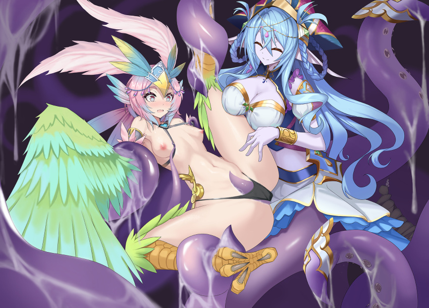 2girls animal_ears bian_qunqing bird_ears bird_legs blue_hair blush bracelet breasts carol_(clover_theater) chinese_commentary cleavage closed_eyes clothing_aside clover_theater colored_skin commentary_request consensual_tentacles feathers gradient_hair green_feathers green_wings hair_ornament harpy headdress highres imola_(clover_theater) jewelry large_breasts lifting_person long_hair monster_girl multicolored_hair multiple_girls navel nipples open_mouth pink_hair pointy_ears purple_eyes purple_skin scylla short_hair slime_(substance) small_breasts talons tentacles winged_arms wings