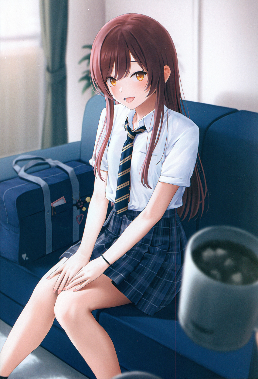 1girl 1other absurdres bag bare_legs blue_necktie blush bracelet coffee_mug couch cup diagonal-striped_necktie diagonal_stripes feet_out_of_frame grey_skirt highres idolmaster idolmaster_shiny_colors indoors jewelry knees_together_feet_apart long_hair looking_at_viewer mikazuchi_zeus mug necktie non-web_source on_couch open_mouth osaki_amana plaid plaid_skirt pleated_skirt pov red_hair scan school_bag school_uniform shirt short_sleeves sitting skirt smile solo_focus straight_hair striped striped_necktie swept_bangs very_long_hair white_shirt yellow_eyes
