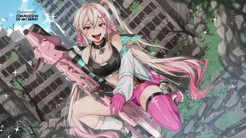 1girl asymmetrical_legwear belt black_sports_bra breasts cleavage coat collar commission fang fang_out full_body gloves goddess_of_victory:_nikke gradient_hair hair_ornament hair_ribbon hairclip hanaberin heart highres jackal_(nikke) kneehighs long_hair long_sleeves looking_at_viewer low_twintails mismatched_legwear multicolored_hair on_one_knee open_clothes open_coat open_mouth pink_gloves pink_hair pink_shorts pocket ribbon ruins shoes short_shorts shorts side_ponytail skindentation sneakers socks sparkle spiked_collar spiked_legwear spikes sports_bra teeth thigh_strap thighhighs thighs tongue tongue_out twintails upper_teeth_only white_gloves zipper_pull_tab