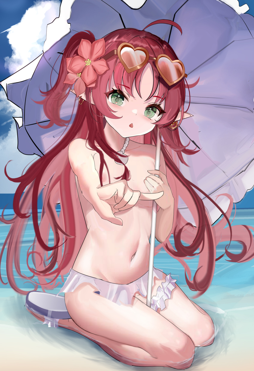 1girl absurdres ahoge arknights beach beach_umbrella bikini blush breasts earrings flower frilled_bikini frills green_eyes hair_flower hair_ornament heart heart-shaped_eyewear highres jewelry looking_at_viewer mikuning myrtle_(arknights) navel open_mouth pointy_ears red_hair sandals side_ponytail sitting small_breasts solo sunglasses swimsuit thigh_strap umbrella white_bikini white_footwear