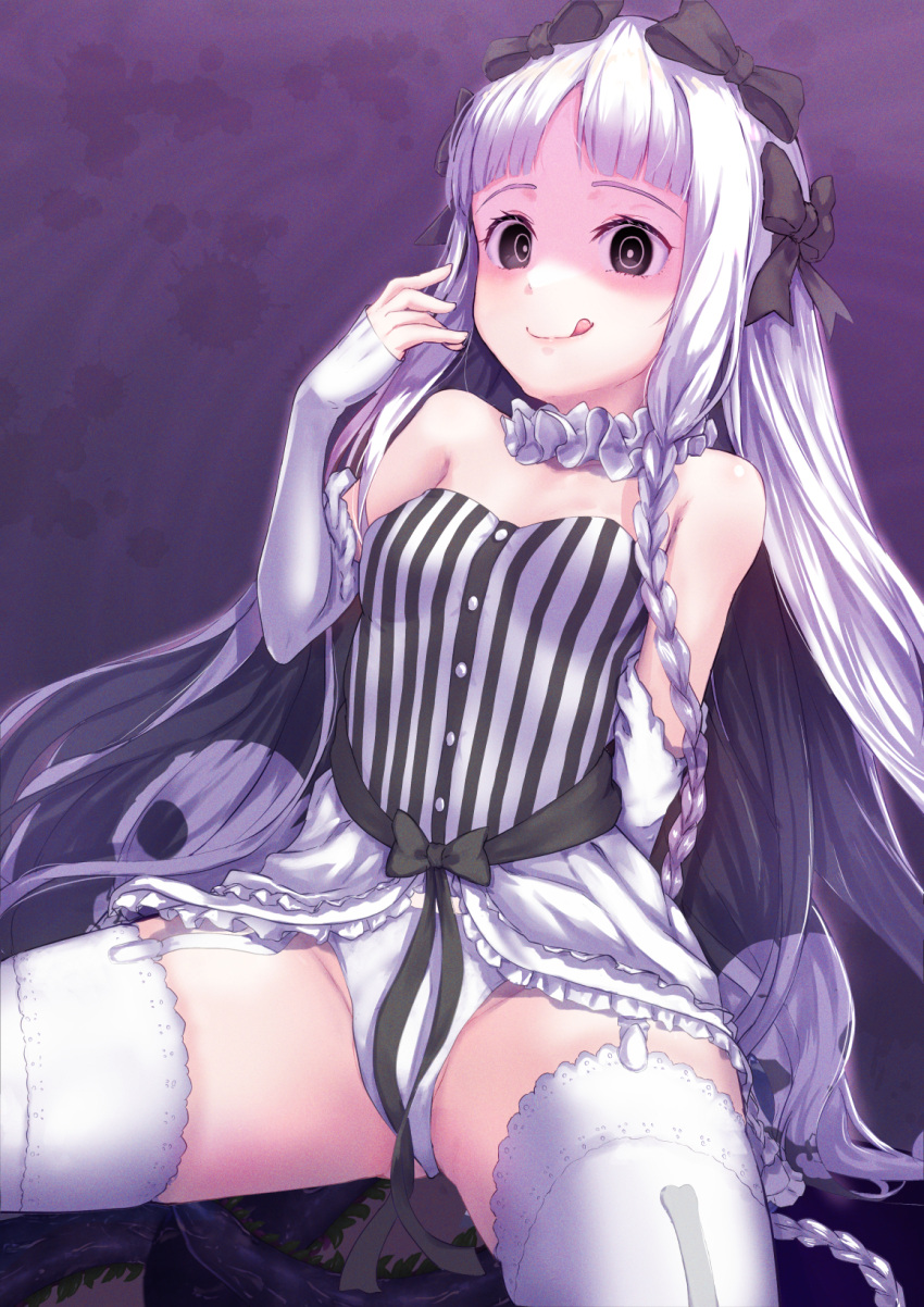 1girl bare_shoulders black_bow black_hair blush bow braid breasts buttons colored_inner_hair detached_sleeves dress fate/strange_fake fate_(series) francesca_prelati_(fate) grey_dress grey_eyes grey_hair hair_bow hairband heart highres licking_lips long_hair looking_at_viewer multicolored_hair okina_(805197) parted_bangs sidelocks small_breasts smile solo striped striped_dress tentacles thighhighs thighs tongue tongue_out twin_braids two-tone_dress vertical-striped_dress vertical_stripes white_dress white_hair white_thighhighs