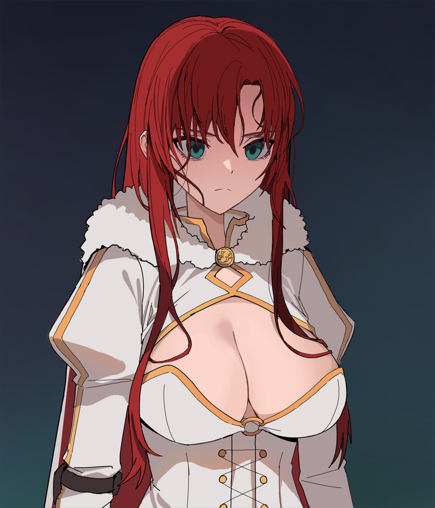 1girl arm_belt blue_background blue_eyes boudica_(fate) breasts cape cleavage cleavage_cutout closed_mouth clothing_cutout dress fate/grand_order fate_(series) gradient_background hair_between_eyes highres jason_kim juliet_sleeves large_breasts long_hair long_sleeves looking_at_viewer puffy_sleeves red_hair solo upper_body very_long_hair wet wet_hair white_dress