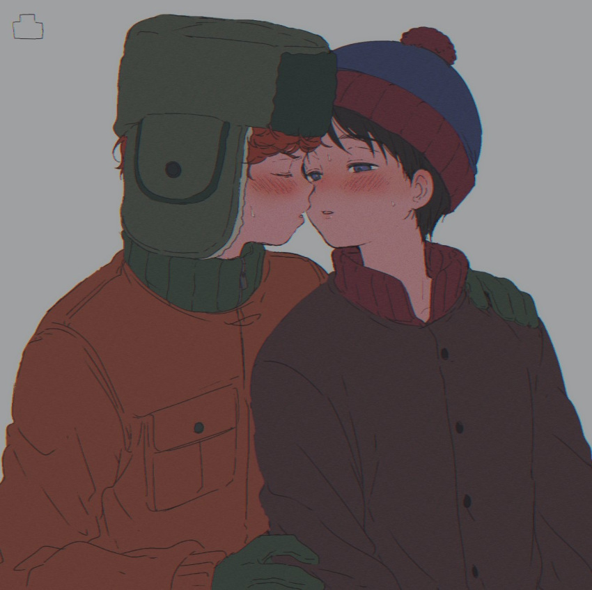 2boys beanie black_hair blue_eyes blush breast_pocket brown_jacket closed_eyes gloves green_gloves green_headwear hand_on_another's_shoulder hat incoming_kiss jacket kyle_broflovski male_child male_focus multiple_boys orange_jacket pantygnomes parted_lips pocket red_hair south_park stan_marsh sweat yaoi