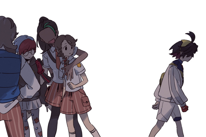 2boys 3girls ahoge arven_(pokemon) black_hair blue_hair blue_vest braid brown_hair collared_shirt crossed_bangs dark-skinned_female dark_skin glasses gloves green_hair hair_pulled_back hairband highres hood hoodie jacket juliana_(pokemon) kieran_(pokemon) long_hair long_sleeves multicolored_hair multiple_boys multiple_girls naranja_academy_school_uniform necktie nemona_(pokemon) open_mouth orange_necktie orange_pants orange_shorts pants pantyhose penny_(pokemon) pokemon pokemon_(game) pokemon_sv ponytail print_pantyhose red_gloves red_hair round_eyewear school_uniform shirt short_hair short_sleeves shorts side_braid single_glove skirt smile streaked_hair striped striped_pants striped_shorts two-tone_hair vertical-striped_shorts vertical_stripes vest white_background white_jacket wulie_errr yellow_hairband