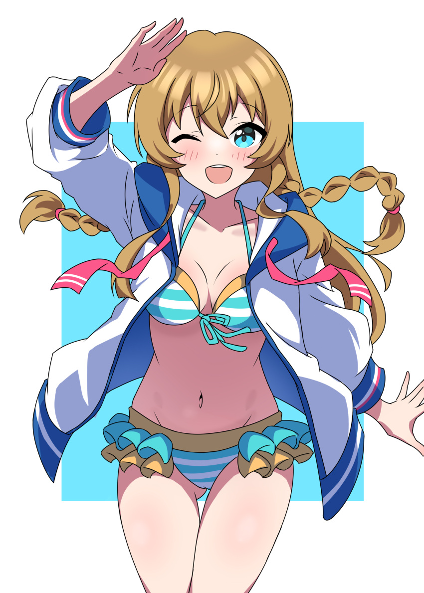 1girl absurdres arm_up bikini blue_background blue_bikini blue_eyes blush border braid breasts brown_hair collarbone commentary cowboy_shot dot_nose floating_hair front-tie_bikini_top front-tie_top hair_tie highres idolmaster idolmaster_million_live! idolmaster_million_live!_theater_days jacket kousaka_umi long_hair long_sleeves looking_at_viewer medium_breasts navel neckerchief neckerchief_removed one_eye_closed open_clothes open_hands open_jacket open_mouth outside_border red_neckerchief smile solo standing striped striped_bikini swimsuit teeth twin_braids upper_teeth_only white_border white_jacket zaza_(zahaoming)