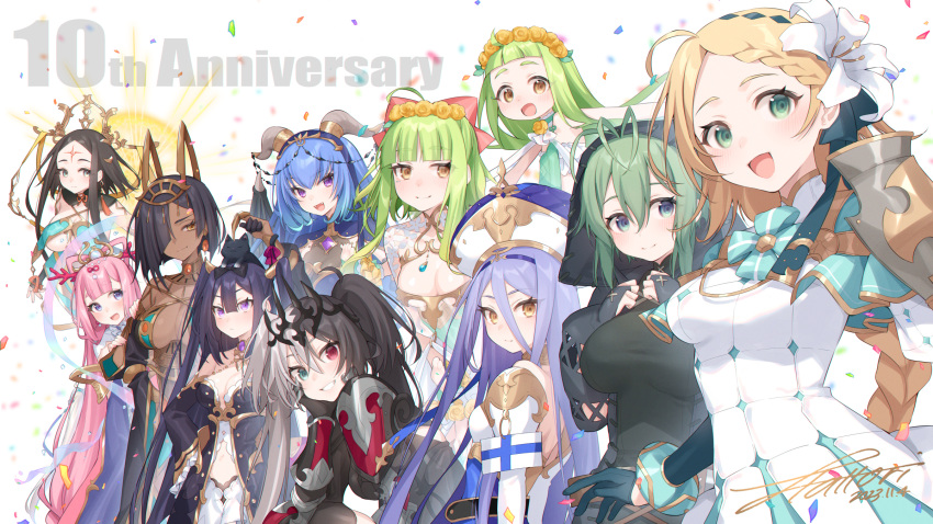 &gt;:( 6+girls :d animal_ears animal_on_head anniversary antenna_hair aqua_capelet arm_support armor aurora_(sennen_sensou_aigis) backless_dress backless_outfit black_bow black_cat black_gloves black_hair blonde_hair blue_hair blunt_bangs blush bow bracer braid braided_bangs breast_suppress breasts brooch cat cat_on_head center-flap_bangs cleavage cleavage_cutout clothing_cutout commentary confetti coral_hair_ornament dark-skinned_female dark_skin dated detached_sleeves dragon_horns dragon_wings dress earrings egyptian egyptian_clothes emelda_(sennen_sensou_aigis) facial_mark fake_animal_ears fangs fermi_(sennen_sensou_aigis) flower flower_wreath forehead_mark gloves gold_trim green_eyes green_hair grin hagoromo hair_between_eyes hair_bow hair_flower hair_ornament hair_over_one_eye hair_ribbon hair_rings hairband hand_on_own_cheek hand_on_own_face hands_on_own_chest hat hattori_masaki headdress headpiece heios_(sennen_sensou_aigis) heterochromia highres horns horteus_(sennen_sensou_aigis) jewelry light_blue_hair long_bangs long_hair long_sleeves looking_at_another looking_at_viewer maple_(sennen_sensou_aigis) maya_(sennen_sensou_aigis) meliusiana multicolored_hair multiple_girls navel navel_cutout neve_(sennen_sensou_aigis) on_head otohime_(sennen_sensou_aigis) pauldrons peeking_out pink_hair puffy_sleeves purple_eyes red_eyes ribbon sennen_sensou_aigis shawl short_hair_with_long_locks shoulder_armor shrug_(clothing) signature smile spiked_wings split-color_hair tiara twintails two_side_up usekh_collar v-shaped_eyebrows very_long_hair white_background white_flower wings yellow_eyes yuanshi_tianzun_(sennen_sensou_aigis)