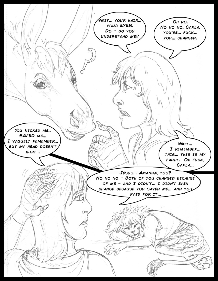 amanda_(tcitw) ambiguous_gender anthro arania armadillo_girdled_lizard asinus carla_(tcitw) clothed clothing comic dialogue donkey english_text equid equine felid female feral fur girdled_lizard group hair hi_res jack_(tcitw) lion lizard male mammal pantherine question_mark reptile scalie tail tail_tuft text the_cabin_in_the_woods_(arania) trio tuft