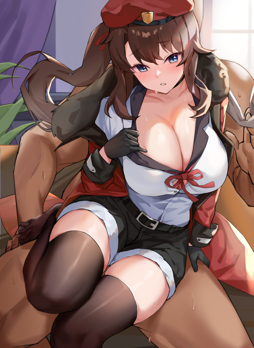 1boy 1girl absurdres black_pantyhose black_shorts black_thighhighs blue_eyes breasts brown_hair cleavage clothed_female_nude_male female_commander_(girls'_frontline) girls'_frontline hetero highres indoors jacket large_breasts long_hair long_sleeves mr.zhuo no_shoes nude pantyhose parted_lips red_jacket shirt shorts side_ponytail solo_focus teeth thighhighs thighs white_shirt