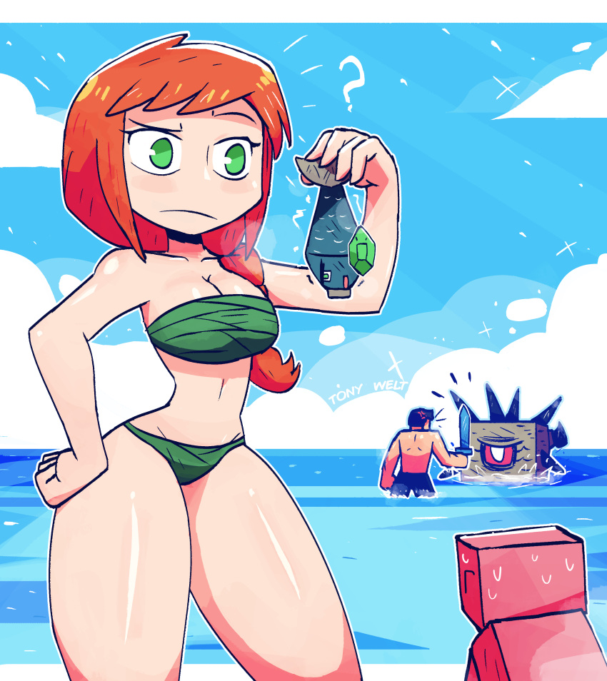 ? absurdres alex_(minecraft) bikini elder_guardian_(minecraft) fish fishing_rod green_bikini guardian_(minecraft) highres holding holding_sword holding_weapon minecraft orange_hair pig_(minecraft) speech_bubble steve_(minecraft) swimsuit sword tony_welt villager_(minecraft) weapon