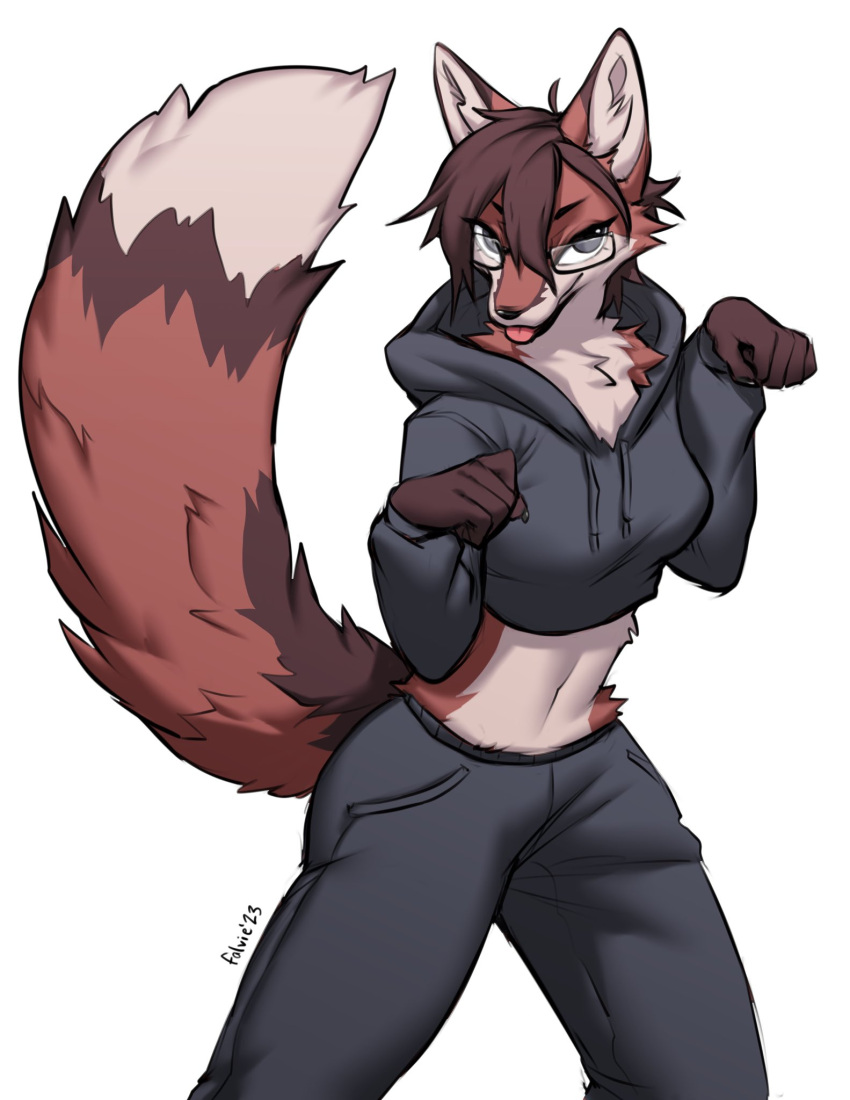 2023 anthro blep brown_body brown_fur brown_hair canid canine digital_media_(artwork) eyewear falvie female fox fur glasses hair hi_res looking_at_viewer mammal midriff signature simple_background solo tongue tongue_out white_background white_body white_fur