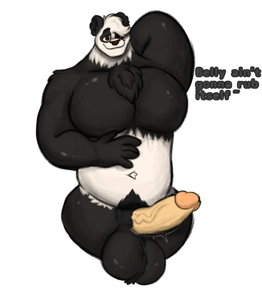 anthro balls bear bedroom_eyes belly belly_rub big_balls big_penis chest_tuft dialogue diggydog ear_tuft fur genitals giant_panda hi_res huge_balls huge_pecs huge_penis looking_at_viewer lucas_(diggydog) male mammal multicolored_body multicolored_fur musclegut muscular muscular_anthro muscular_male narrowed_eyes navel penis pubes seductive simple_background smile smiling_at_viewer solo thick_thighs tuft two_tone_body two_tone_fur wide_hips