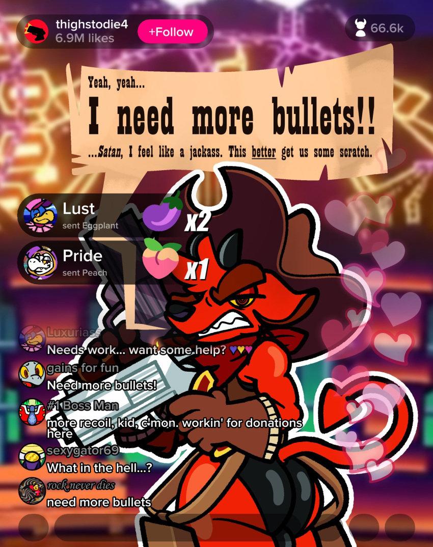angry anthro butt clenched_teeth clothing comments cowboy_hat enfer_belial english_text fur gremile_'hotshot' group gun handgun hat headgear headwear hi_res humor imp kings_of_hell leotard luxuria_(kings_of_hell) male pdoctori pistol ranged_weapon red_body red_eyes red_fur shaking_butt spade_tail superbia_(kings_of_hell) tail teeth text tiktok weapon