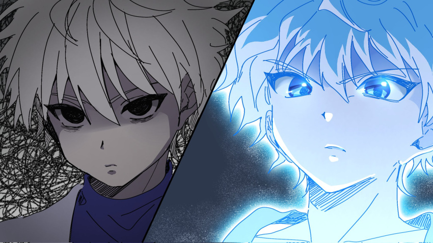 1boy black_eyes chikasarang expressionless highres hunter_x_hunter killua_zoldyck looking_at_viewer male_child male_focus nen_(hunter_x_hunter) short_hair solo split_screen upper_body white_hair