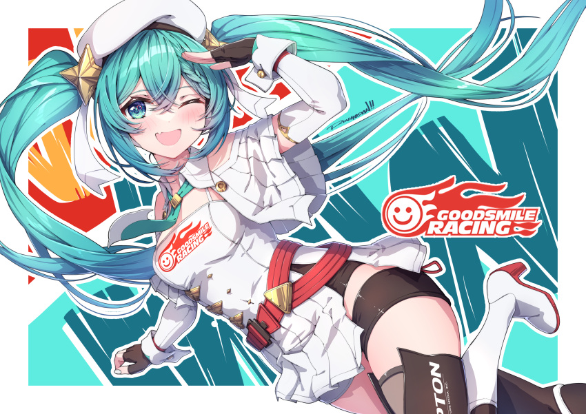 1girl absurdly_long_hair absurdres aqua_eyes aqua_hair aqua_necktie belt beret black_gloves boots braid braided_bangs breasts crossed_bangs detached_sleeves dress fingerless_gloves gloves goodsmile_racing hair_between_eyes hair_ornament hat hatsune_miku high_heel_boots high_heels highres long_hair looking_at_viewer micro_shorts necktie one_eye_closed open_mouth race_queen racing_miku racing_miku_(2023) red_belt ringosan salute short_dress shorts sideless_outfit smile smiley_face solo standing standing_on_one_leg star_(symbol) star_hair_ornament thigh_boots thighhighs thighs twintails very_long_hair vocaloid white_headwear