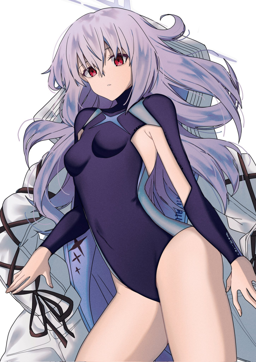 1girl armpit_cutout atsuko_(blue_archive) bare_legs blue_archive breasts clothing_cutout coat coat_removed covered_navel feet_out_of_frame hair_between_eyes halo highres leotard long_bangs long_hair long_sleeves looking_at_viewer parted_lips pokarii_zuu purple_hair purple_leotard red_eyes simple_background small_breasts solo white_background white_coat