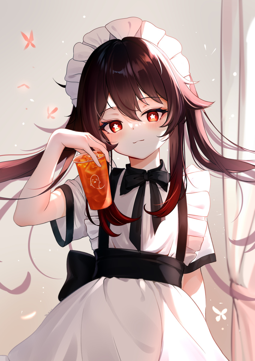 1girl :3 absurdres alternate_costume apron black_bow black_bowtie blush boo_tao_(genshin_impact) bow bowtie bright_pupils brown_hair closed_mouth curtains dress drink enmaided flower-shaped_pupils frilled_apron frills genshin_impact highres holding holding_drink hu_tao_(genshin_impact) long_hair looking_at_viewer maid maid_apron maid_headdress orange_eyes print_cup short_sleeves solo symbol-shaped_pupils twintails white_apron white_dress white_pupils yunr