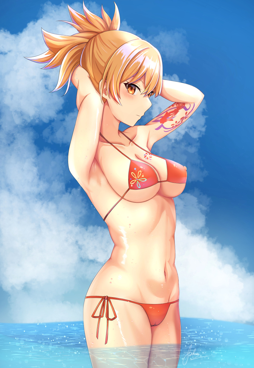 1girl absurdres aoikito_lavender086 arm_tattoo arms_behind_head bare_arms bare_shoulders bikini blonde_hair blue_sky blush breasts cloud commentary covered_nipples cowboy_shot day genshin_impact highres large_breasts looking_at_viewer navel ponytail red_bikini revision short_hair side-tie_bikini_bottom sky solo standing stomach swimsuit tattoo thighs wading water yellow_eyes yoimiya_(genshin_impact)