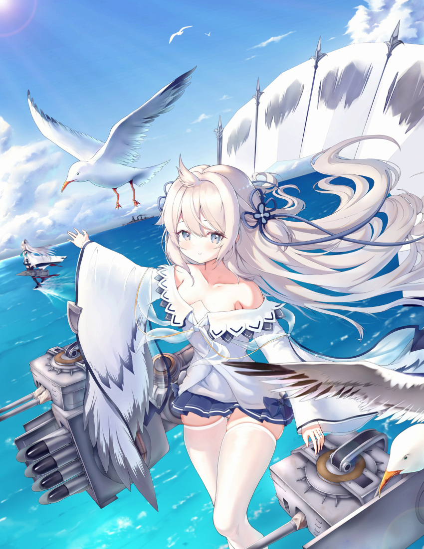 2girls absurdres artillery azur_lane bare_shoulders bird black_thighhighs blue_eyes blue_skirt blue_sky feet_out_of_frame from_side ganleizhi highres kawakaze_(azur_lane) long_hair long_sleeves looking_at_viewer miniskirt multiple_girls nagato_(battleship) outdoors pleated_skirt seagull skindentation skirt sky standing standing_on_liquid thighhighs torpedo_launcher umikaze_(azur_lane) very_long_hair water white_bird white_hair white_thighhighs wide_sleeves zettai_ryouiki