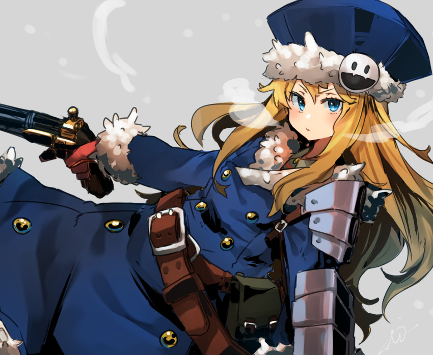 1girl armor blonde_hair blue_coat blue_eyes blue_headwear coat fur-trimmed_coat fur-trimmed_headwear fur_trim gloves grey_hair gun gunner_(sekaiju) gunner_2_(sekaiju) hat highres holding holding_gun holding_weapon long_hair long_sleeves looking_at_viewer sekaiju_no_meikyuu sekaiju_no_meikyuu_2 simple_background solo sunday_aki weapon